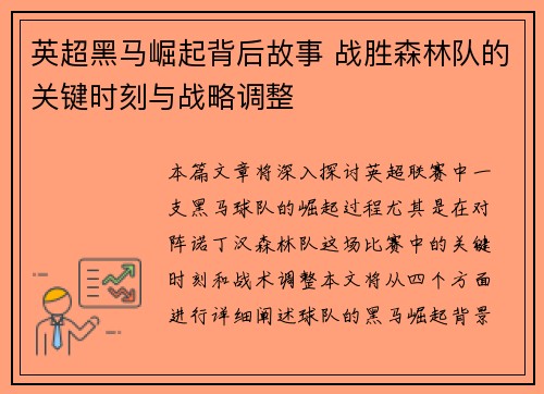 英超黑马崛起背后故事 战胜森林队的关键时刻与战略调整
