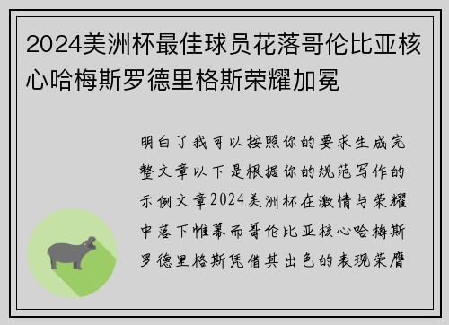 2024美洲杯最佳球员花落哥伦比亚核心哈梅斯罗德里格斯荣耀加冕