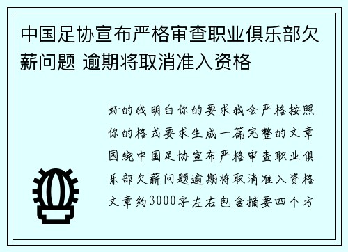 中国足协宣布严格审查职业俱乐部欠薪问题 逾期将取消准入资格 中国足协宣布严格审查职业俱乐部欠薪问题 逾期将取消准入资格